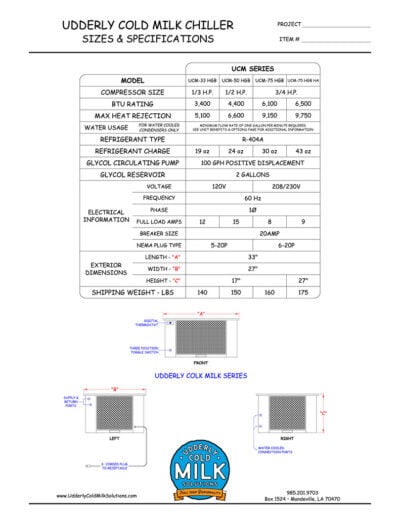 Udderly Cold’s Milk Chiller Specs